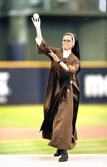 Sister Mary Brigid throwing out the first pitch at the 2019 Ballpark Day of Faith