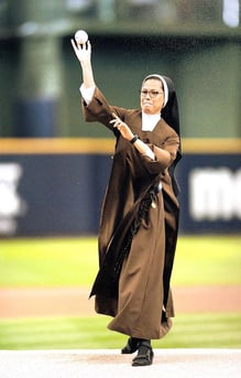 Sister Mary Brigid throwing out the first pitch at the 2019 Ballpark Day of Faith.